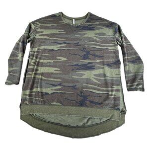 Z Supply Camo Sweater M Long Sleeve Crew Neck Distressed Hem Weekender Boho Slit